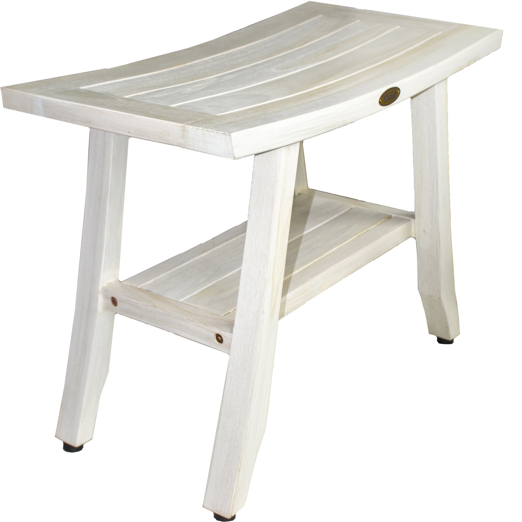 Compact Curviliniear Teak Shower / Outdoor Bench with Shelf in Driftwood Finish