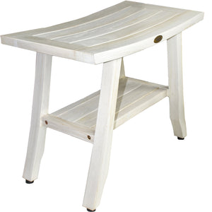 Compact Curviliniear Teak Shower / Outdoor Bench with Shelf in Driftwood Finish