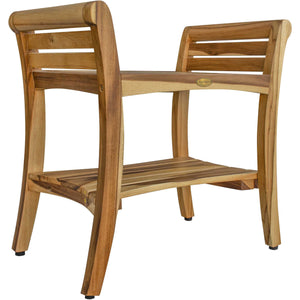Compact Rectangular teak Shower / Outdoor Bench with Shelf and Liftaide Arms in Natural Finish
