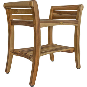 Compact Rectangular teak Shower / Outdoor Bench with Shelf and Liftaide Arms in Natural Finish