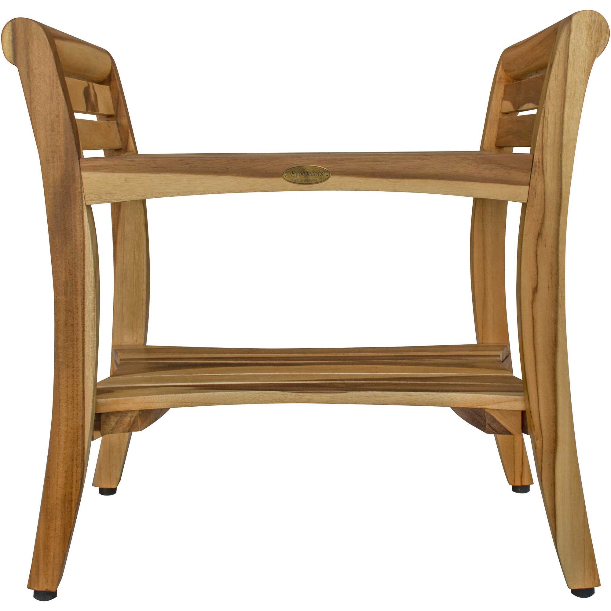 Compact Rectangular teak Shower / Outdoor Bench with Shelf and Liftaide Arms in Natural Finish