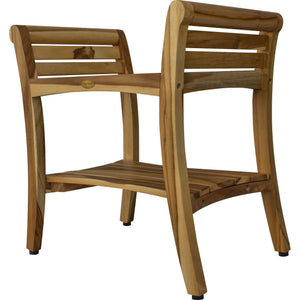 Compact Rectangular teak Shower / Outdoor Bench with Shelf and Liftaide Arms in Natural Finish