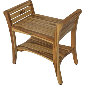 Compact Rectangular teak Shower / Outdoor Bench with Shelf and Liftaide Arms in Natural Finish