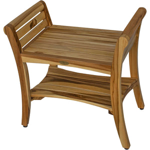 Compact Rectangular teak Shower / Outdoor Bench with Shelf and Liftaide Arms in Natural Finish
