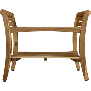 Compact Rectangular Teak Shower / Outdoor Bench with Shelf and Curved Liftaide Arms in Brown Finish