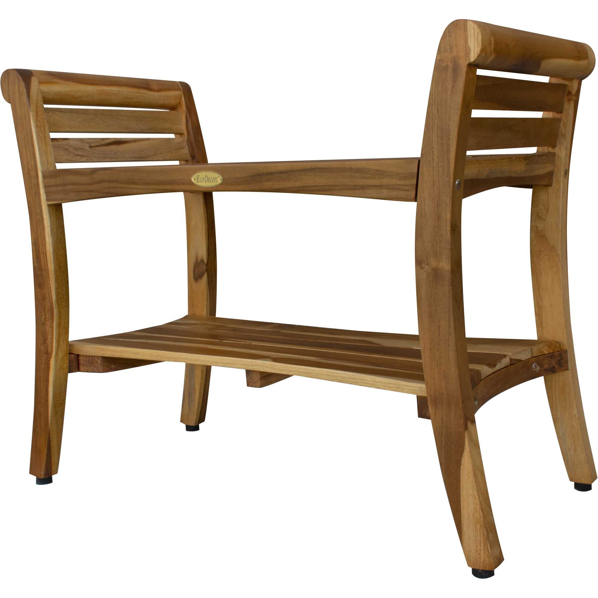 Compact Rectangular Teak Shower / Outdoor Bench with Shelf and Curved Liftaide Arms in Brown Finish