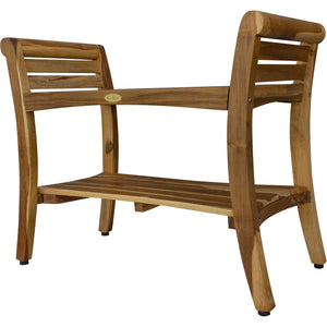 Compact Rectangular Teak Shower / Outdoor Bench with Shelf and Curved Liftaide Arms in Brown Finish