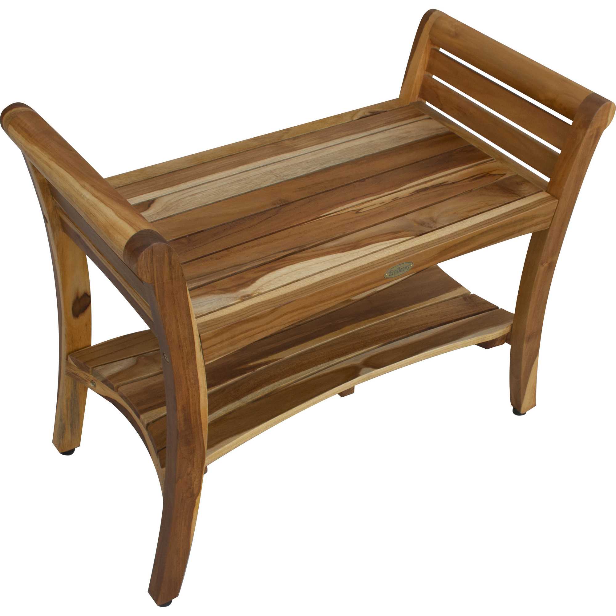 Compact Rectangular Teak Shower / Outdoor Bench with Shelf and Curved Liftaide Arms in Brown Finish