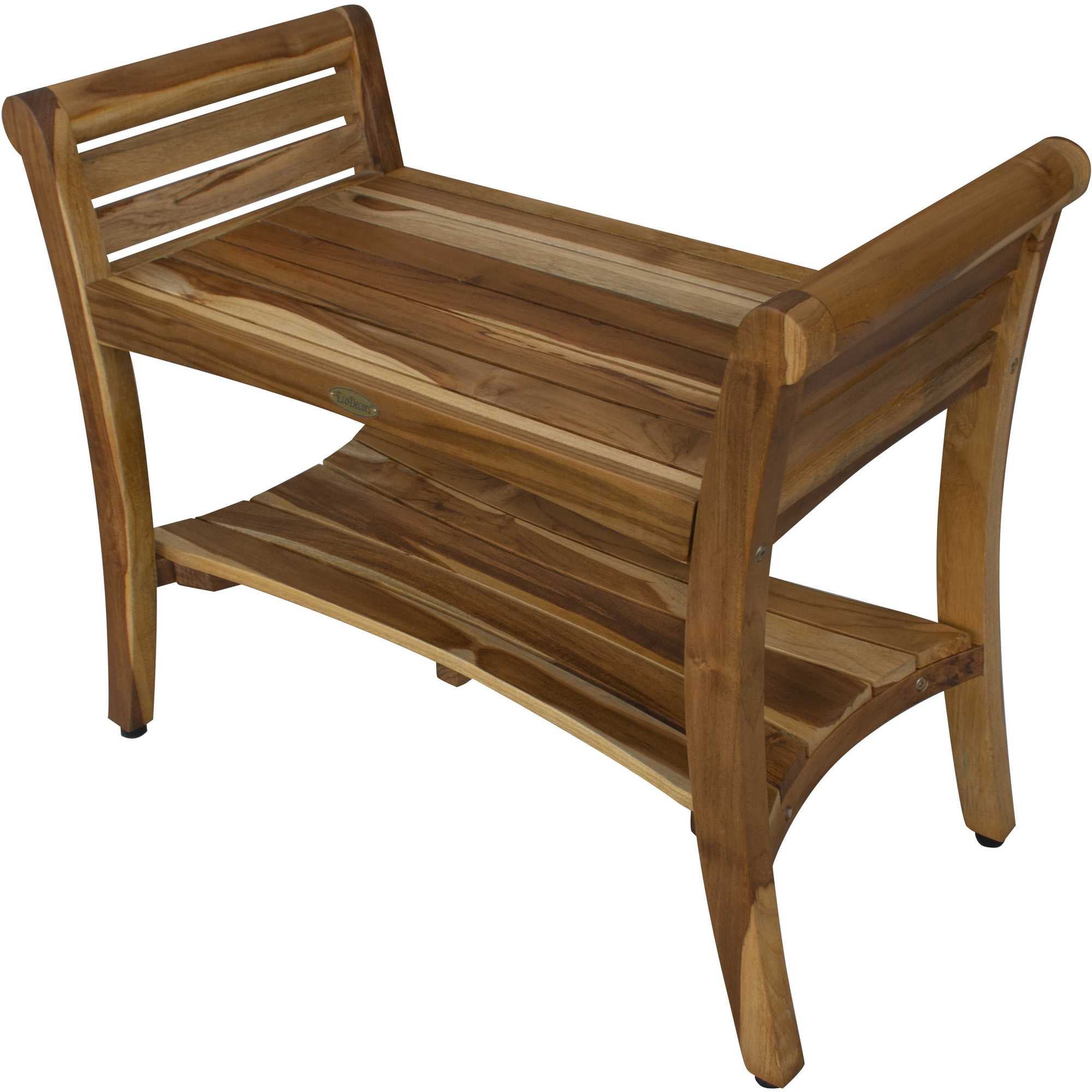 Compact Rectangular Teak Shower / Outdoor Bench with Shelf and Curved Liftaide Arms in Brown Finish