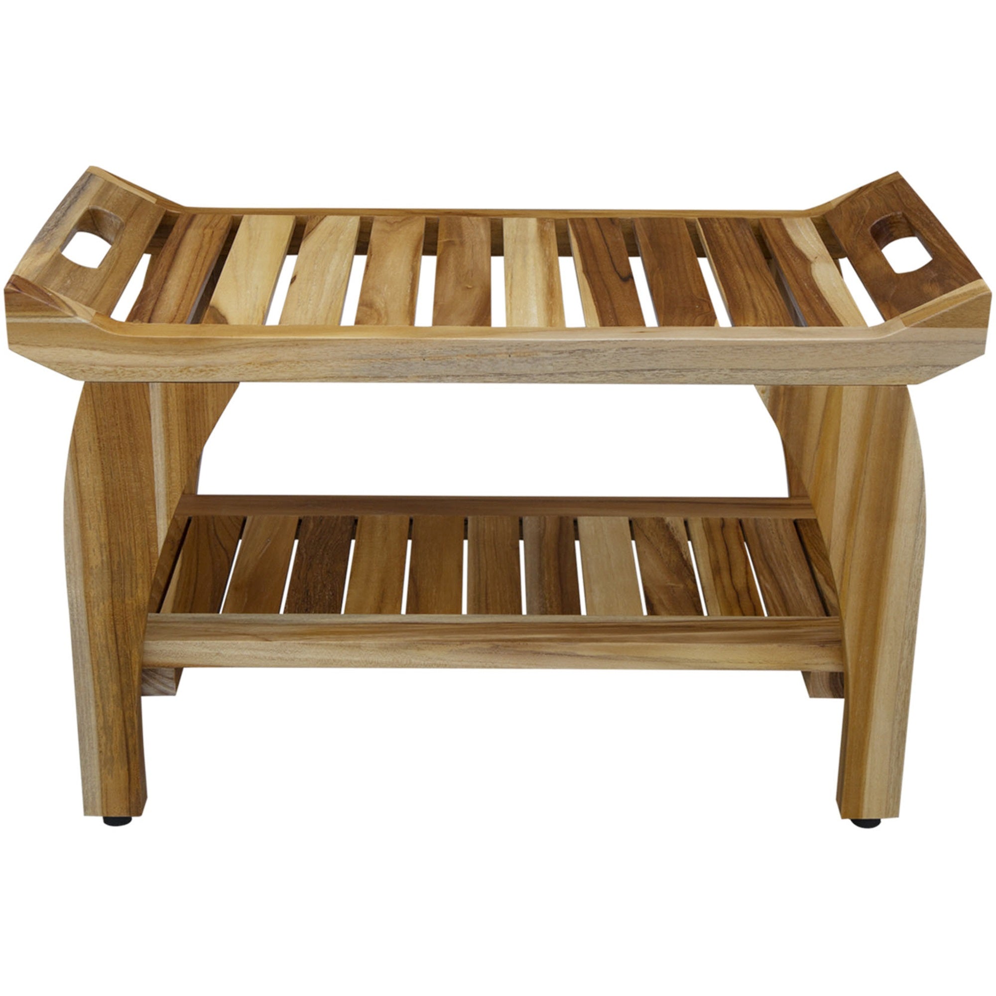 Compact Rectangular Teak Shower / Outdoor Bench with Shelf and Liftaide Arms in Natural Finish