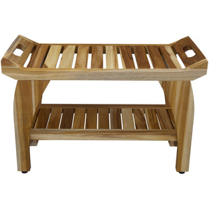 Compact Rectangular Teak Shower / Outdoor Bench with Shelf and Liftaide Arms in Natural Finish