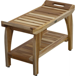 Compact Rectangular Teak Shower / Outdoor Bench with Shelf and Liftaide Arms in Natural Finish