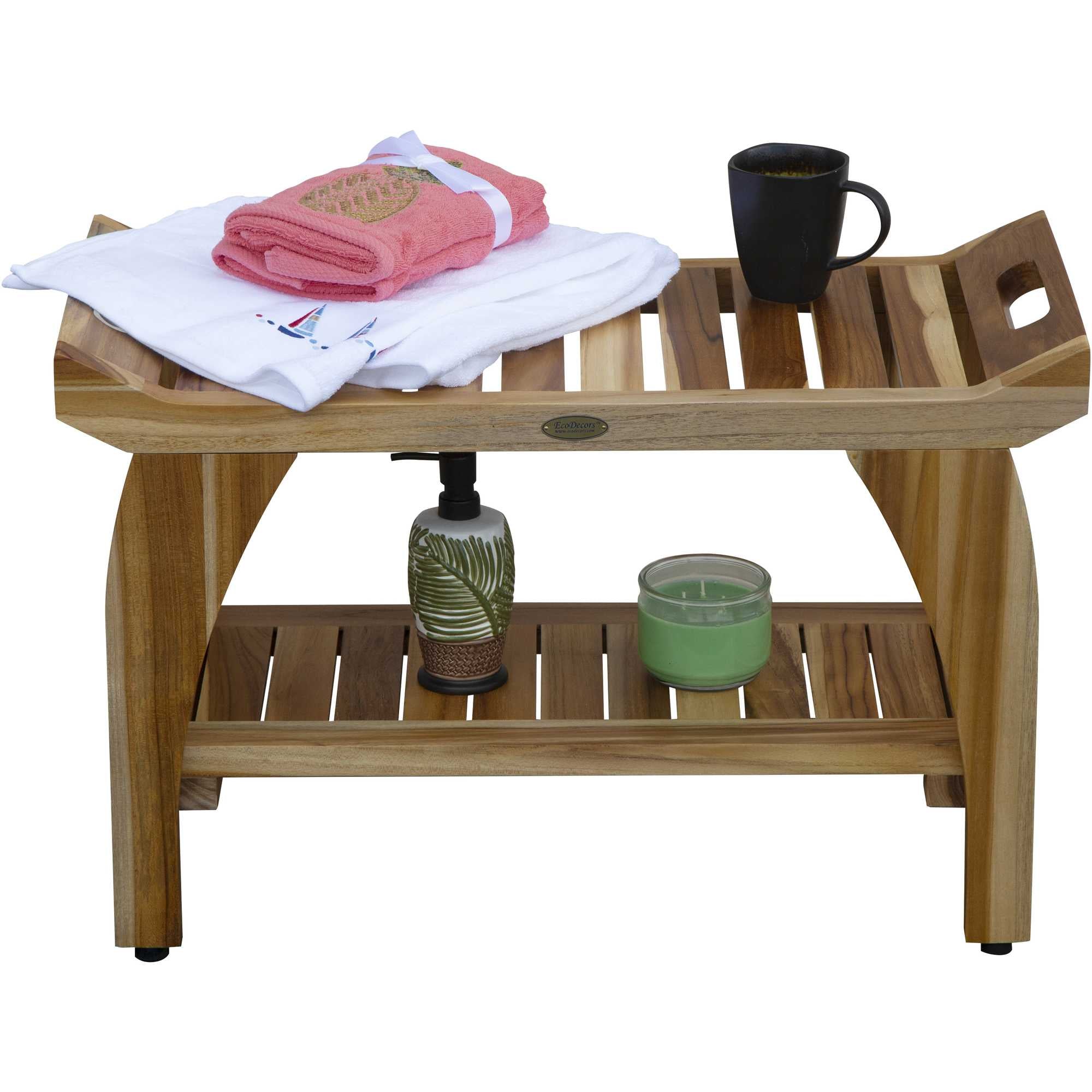 Compact Rectangular Teak Shower / Outdoor Bench with Shelf and Liftaide Arms in Natural Finish
