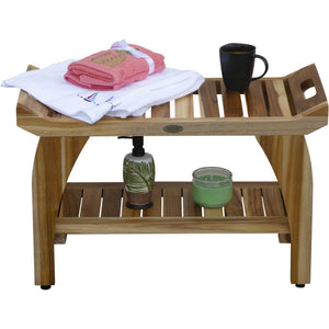 Compact Rectangular Teak Shower / Outdoor Bench with Shelf and Liftaide Arms in Natural Finish