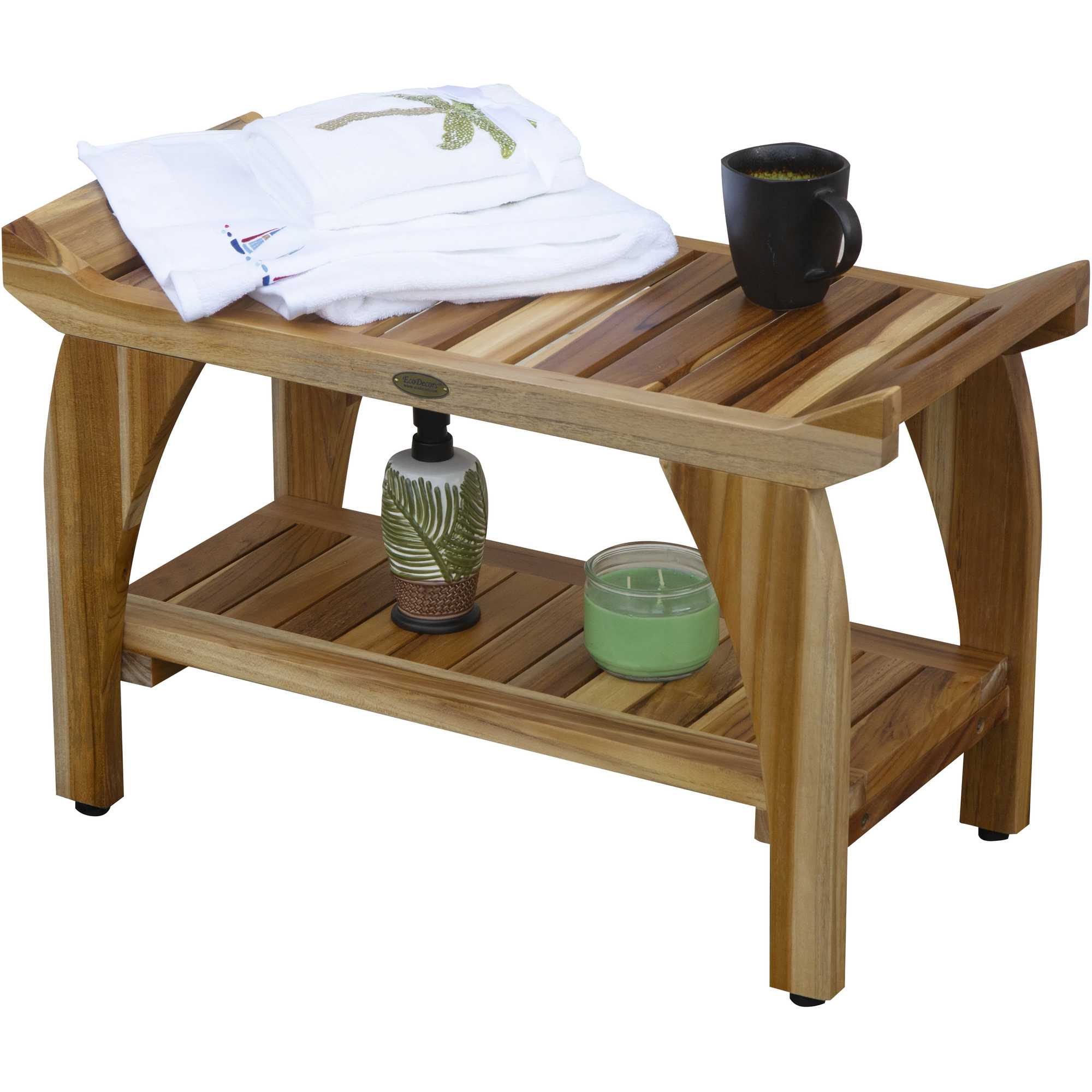 Compact Rectangular Teak Shower / Outdoor Bench with Shelf and Liftaide Arms in Natural Finish