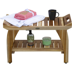 Compact Rectangular Teak Shower / Outdoor Bench with Shelf and Liftaide Arms in Natural Finish