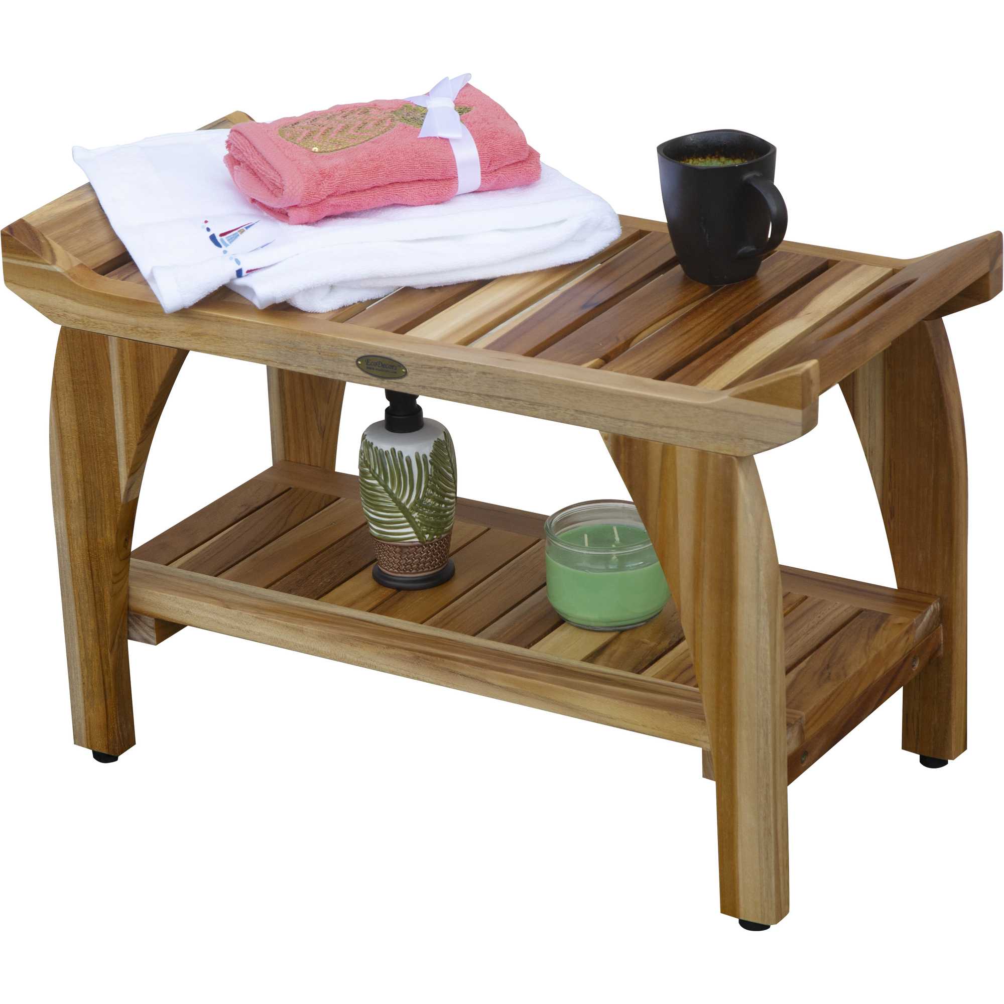 Compact Rectangular Teak Shower / Outdoor Bench with Shelf and Liftaide Arms in Natural Finish