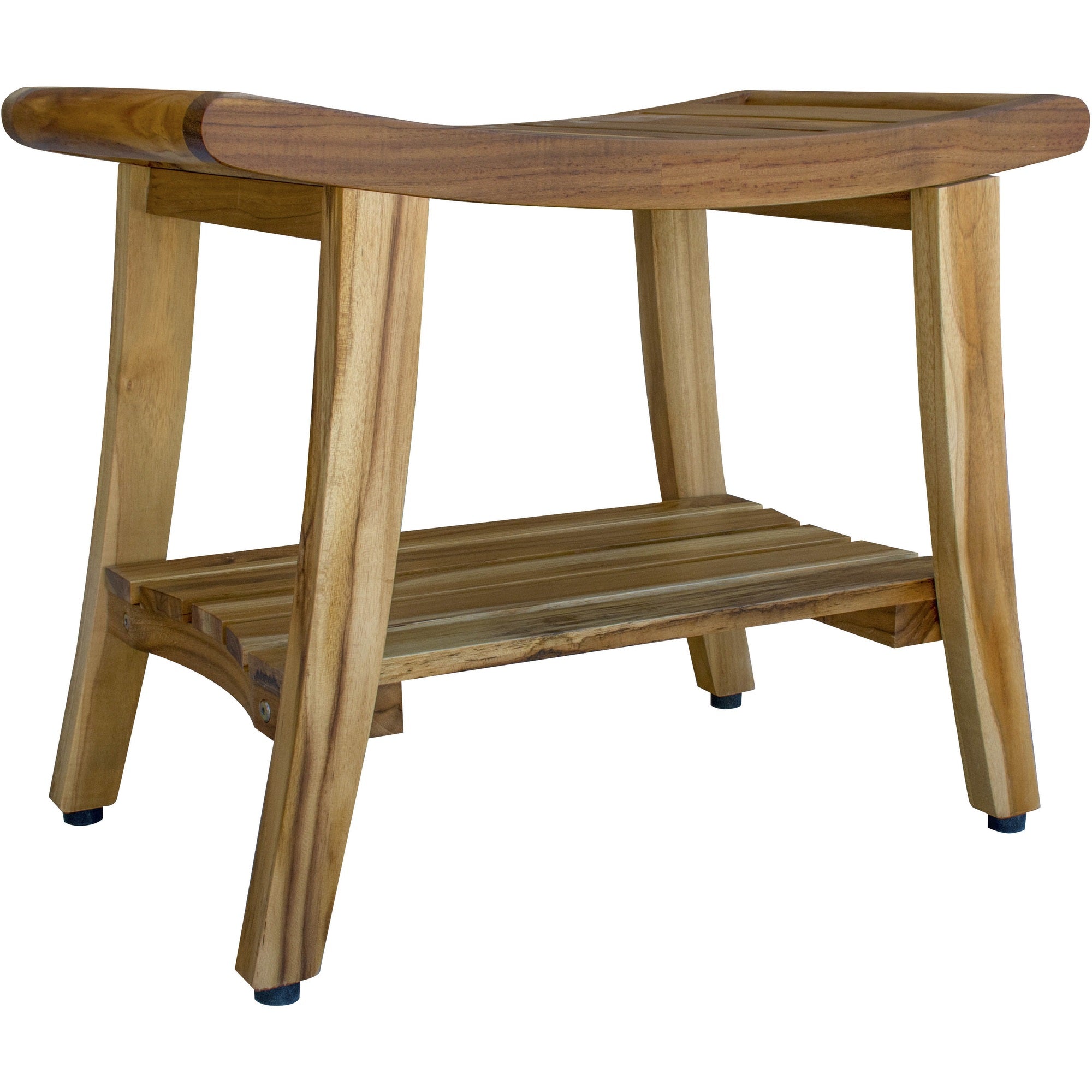 Compact Curvilinear Teak Shower / Outdoor Bench with Shelf in Natural Finish