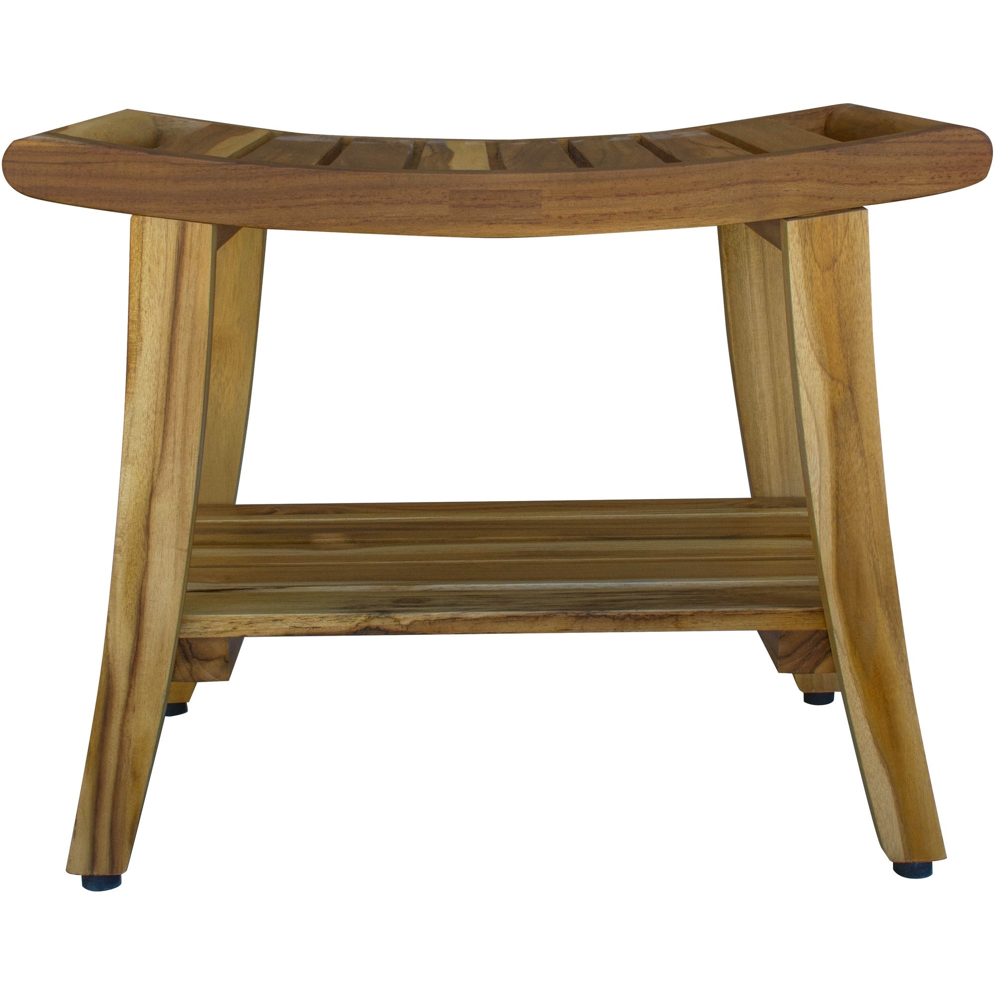 Compact Curvilinear Teak Shower / Outdoor Bench with Shelf in Natural Finish