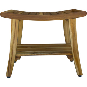 Compact Curvilinear Teak Shower / Outdoor Bench with Shelf in Natural Finish