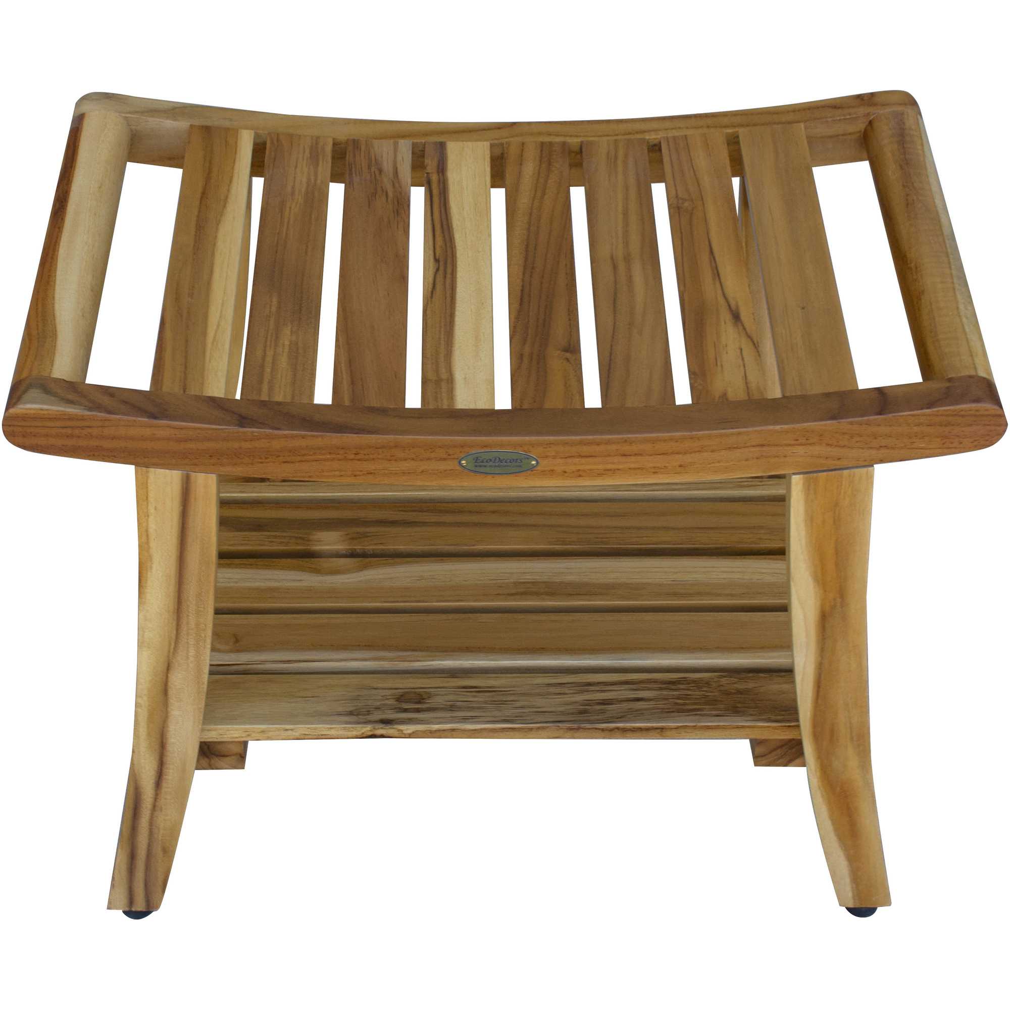 Compact Curvilinear Teak Shower / Outdoor Bench with Shelf in Natural Finish
