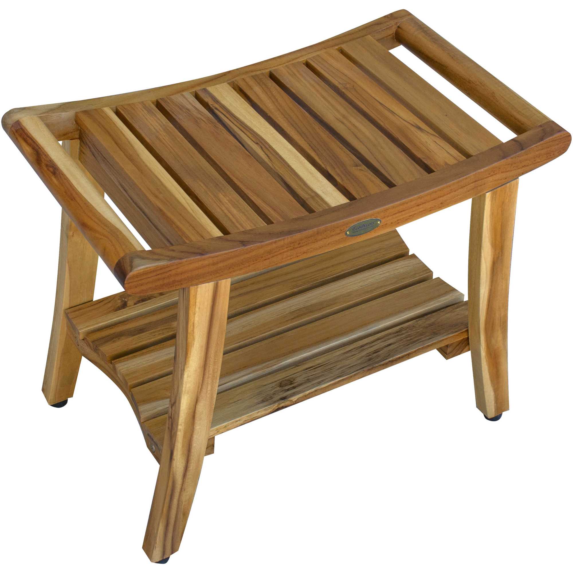 Compact Curvilinear Teak Shower / Outdoor Bench with Shelf in Natural Finish
