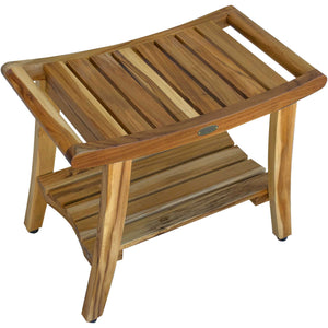Compact Curvilinear Teak Shower / Outdoor Bench with Shelf in Natural Finish