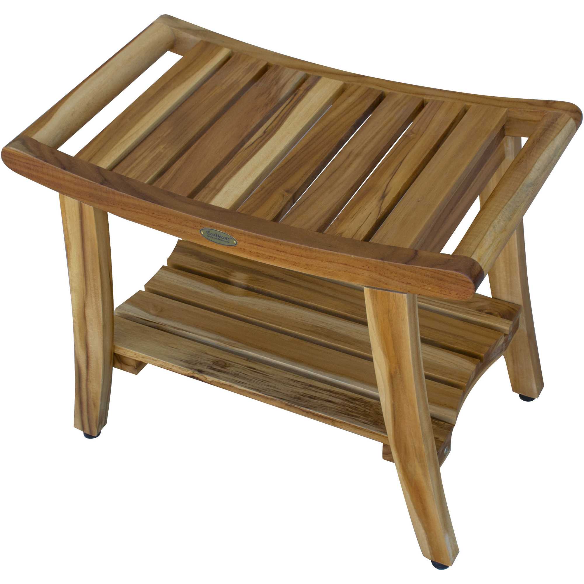 Compact Curvilinear Teak Shower / Outdoor Bench with Shelf in Natural Finish