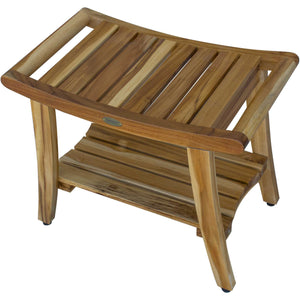 Compact Curvilinear Teak Shower / Outdoor Bench with Shelf in Natural Finish