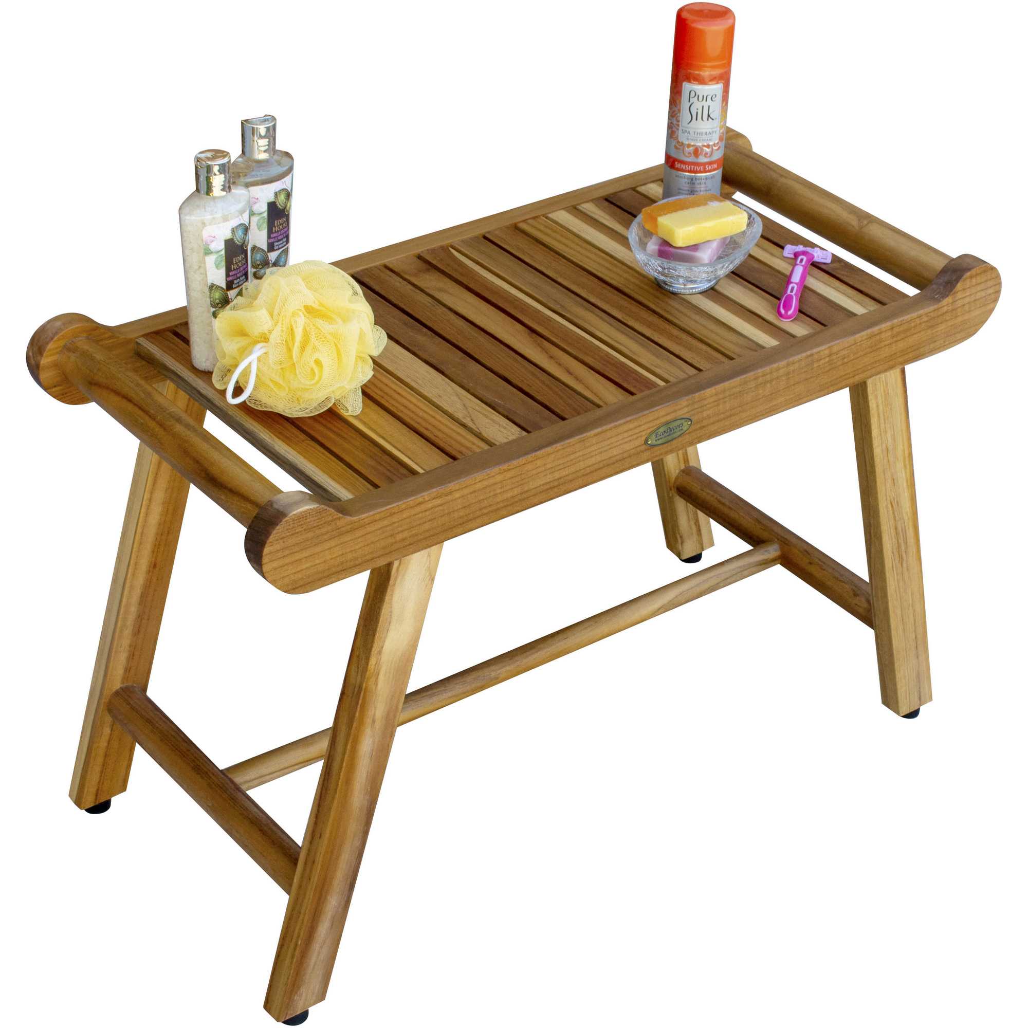 Compact Curviliniear Teak Shower / Outdoor Bench with Liftaide Arms in Natural Finish