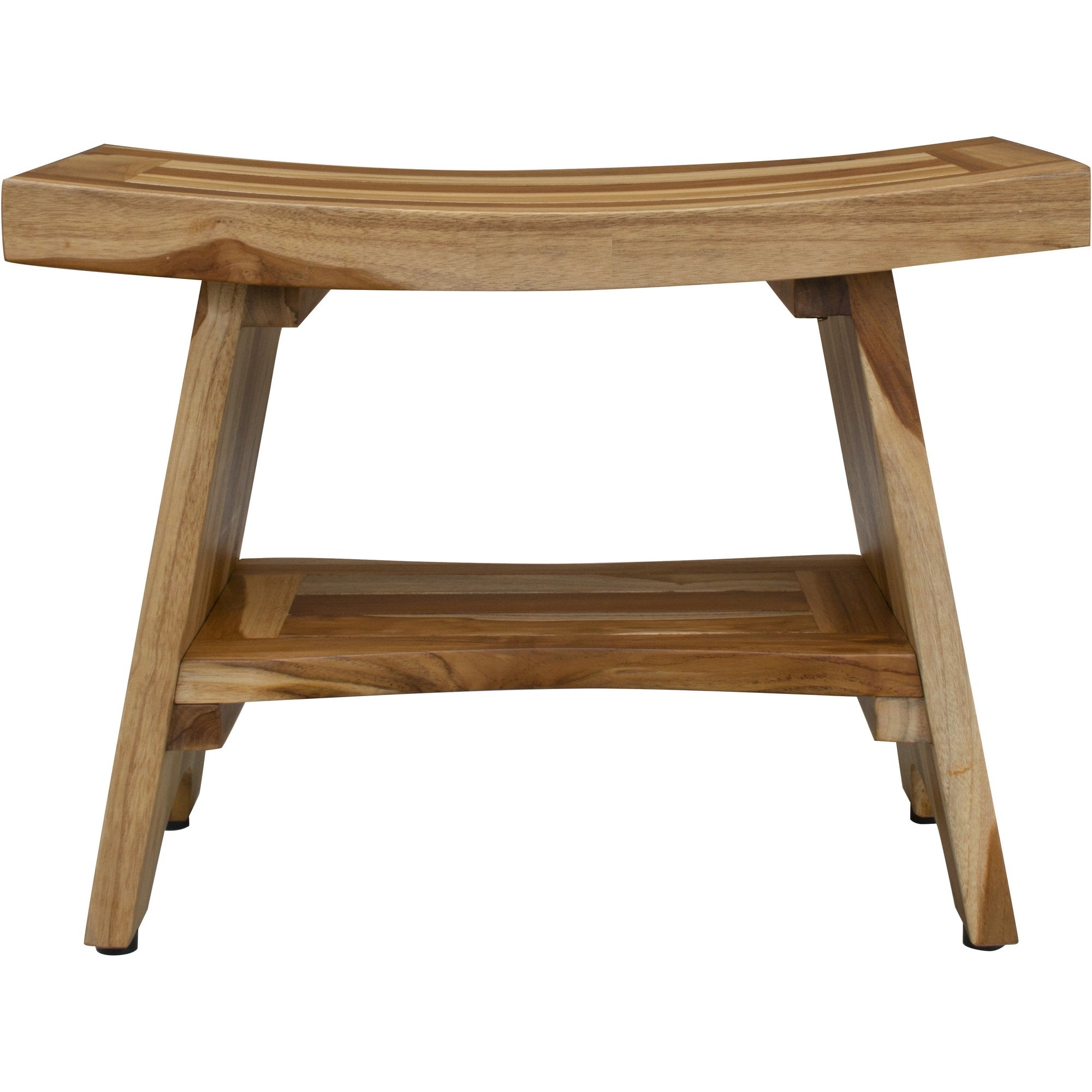 Compact Curvilinear Teak Shower / Outdoor Bench with Shelf in Natural Finish