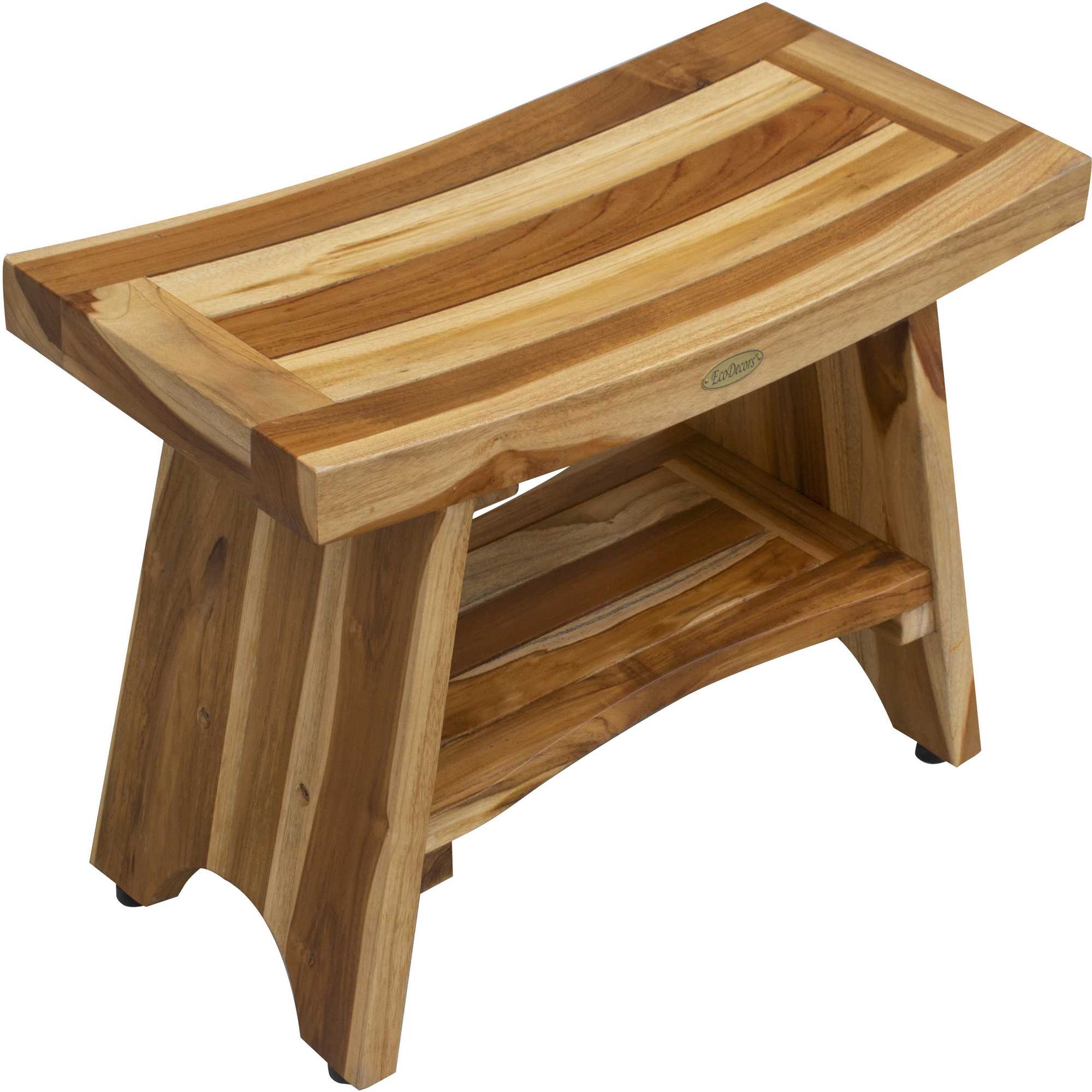 Compact Curvilinear Teak Shower / Outdoor Bench with Shelf in Natural Finish