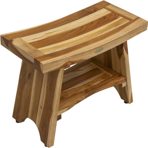Compact Curvilinear Teak Shower / Outdoor Bench with Shelf in Natural Finish