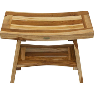 Compact Curvilinear Teak Shower / Outdoor Bench with Shelf in Natural Finish