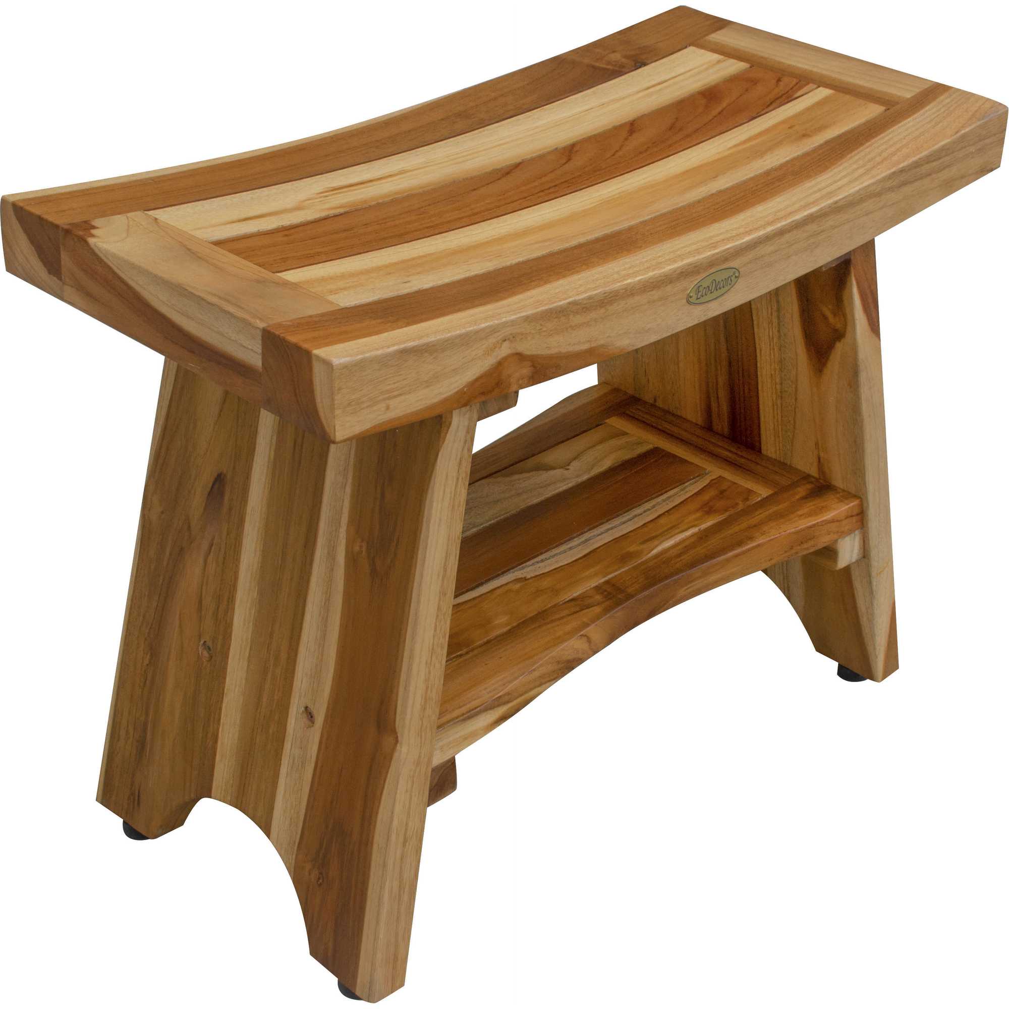 Compact Curvilinear Teak Shower / Outdoor Bench with Shelf in Natural Finish