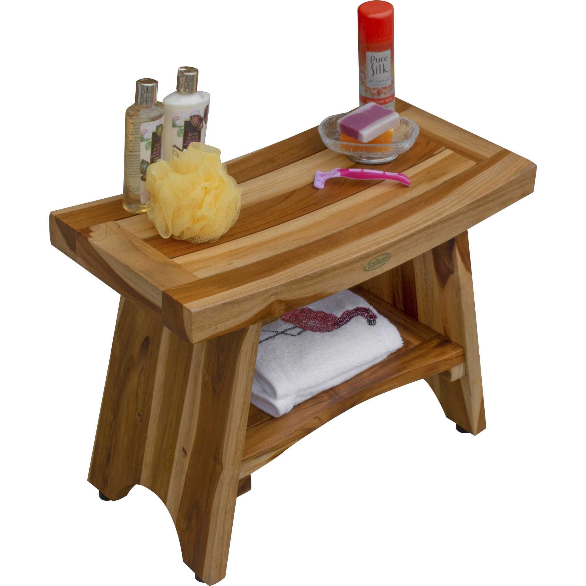 Compact Curvilinear Teak Shower / Outdoor Bench with Shelf in Natural Finish