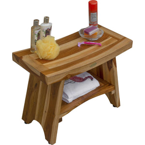 Compact Curvilinear Teak Shower / Outdoor Bench with Shelf in Natural Finish