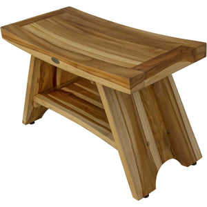 Compact Curvilinear Teak Shower / Outdoor Bench with Shelf in Natural Finish