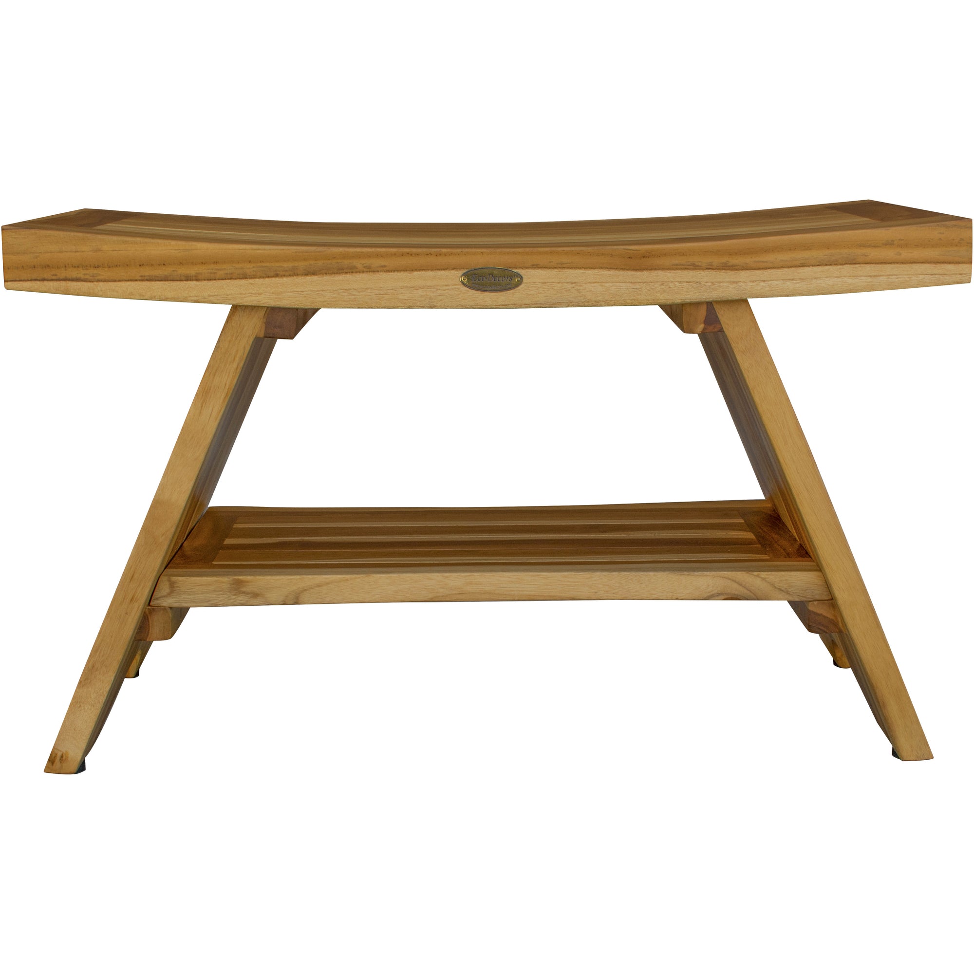 Compact Curvilinear Teak Shower / Outdoor Bench with Shelf in Natural Finish