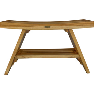 Compact Curvilinear Teak Shower / Outdoor Bench with Shelf in Natural Finish