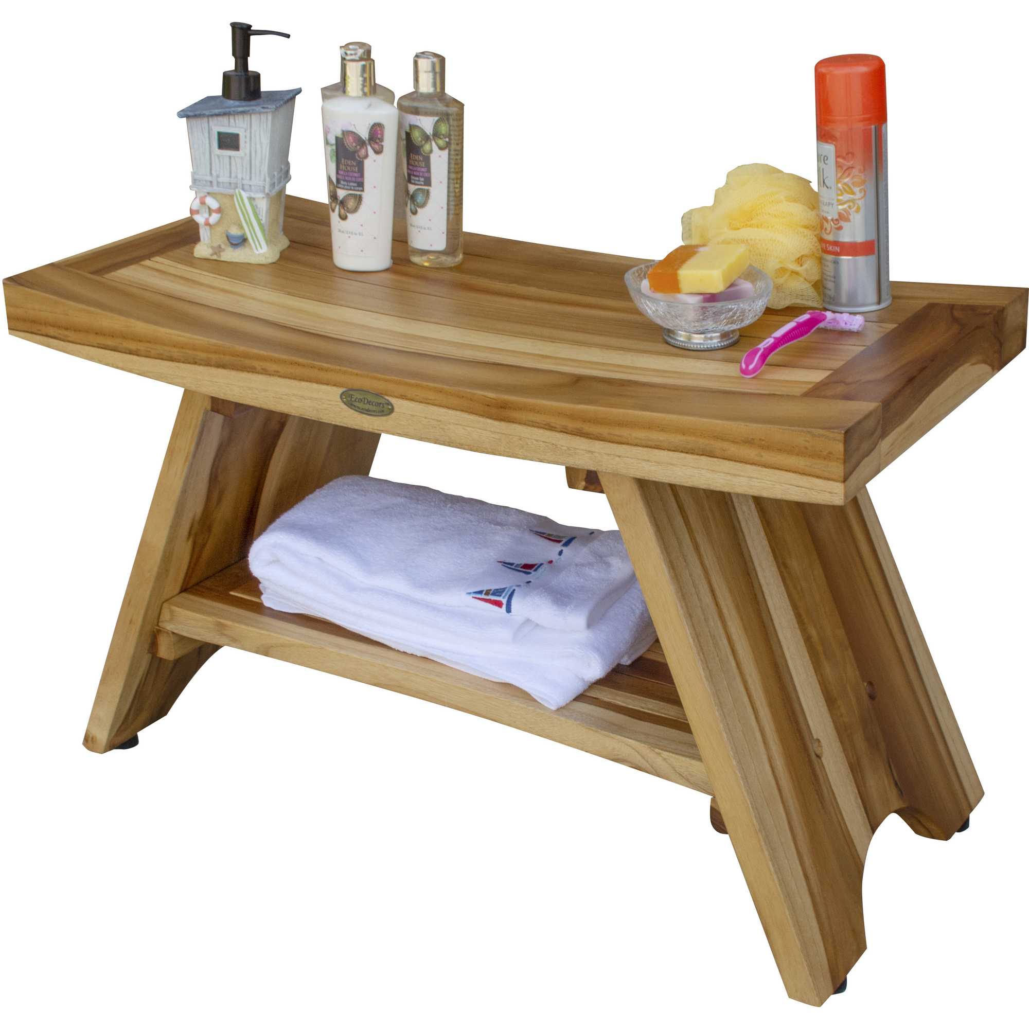 Compact Curvilinear Teak Shower / Outdoor Bench with Shelf in Natural Finish