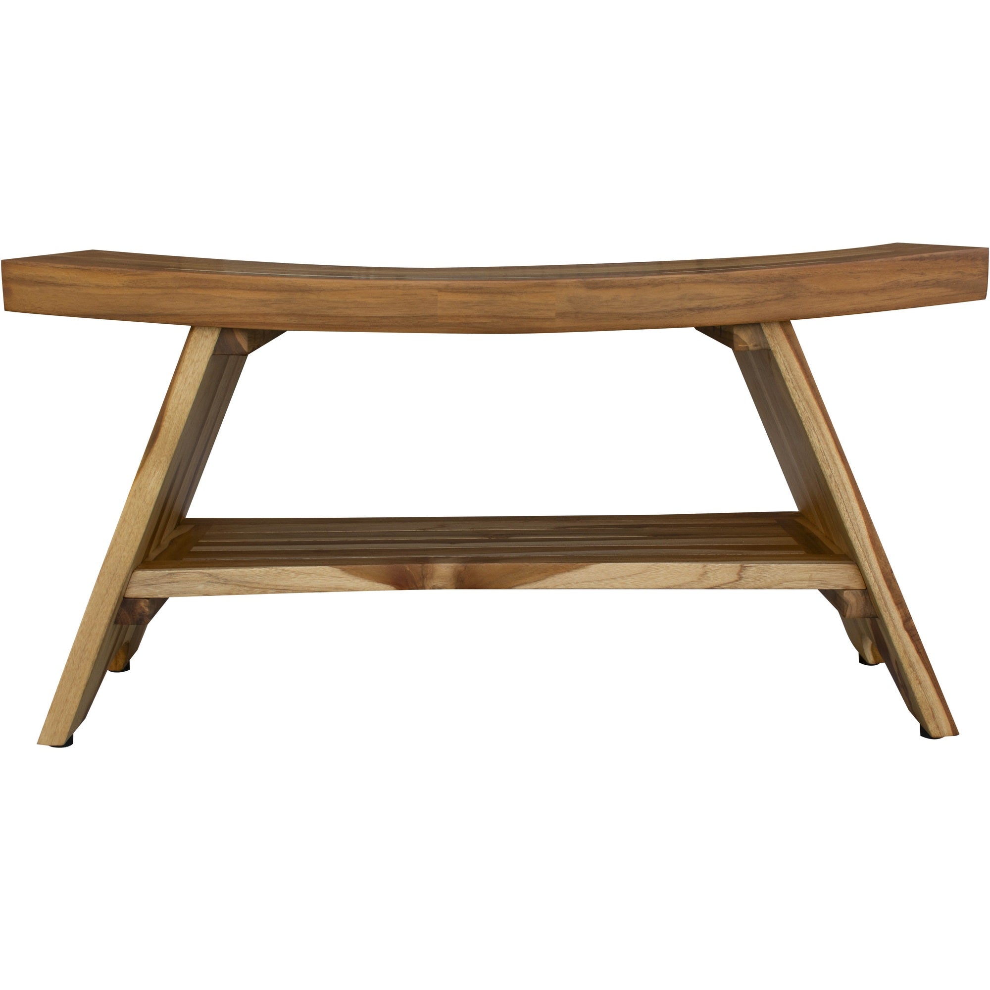 Compact Curvilinear Teak Shower / Outdoor Bench with Shelf in Natural Finish