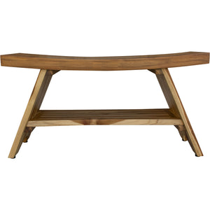 Compact Curvilinear Teak Shower / Outdoor Bench with Shelf in Natural Finish