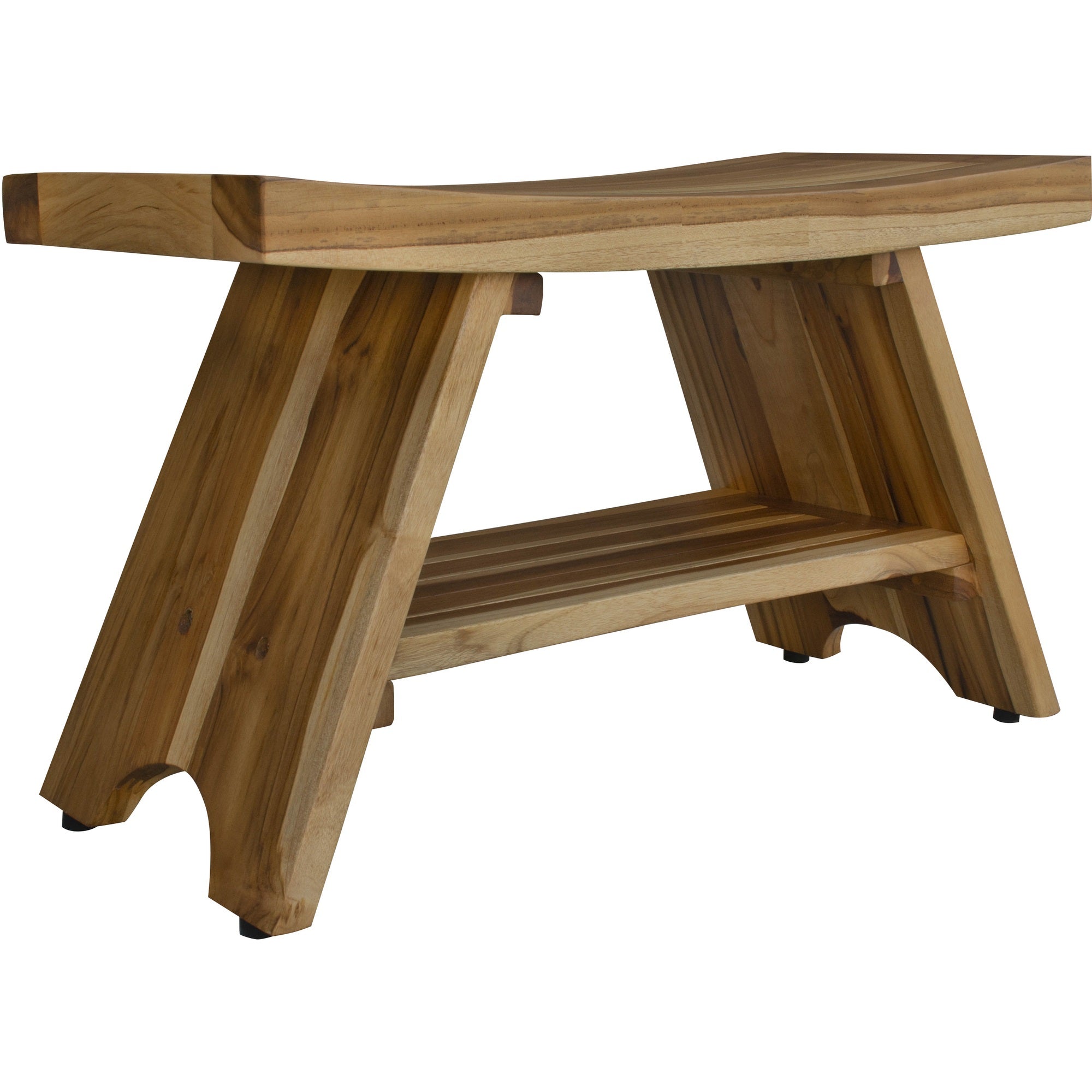 Compact Curvilinear Teak Shower / Outdoor Bench with Shelf in Natural Finish