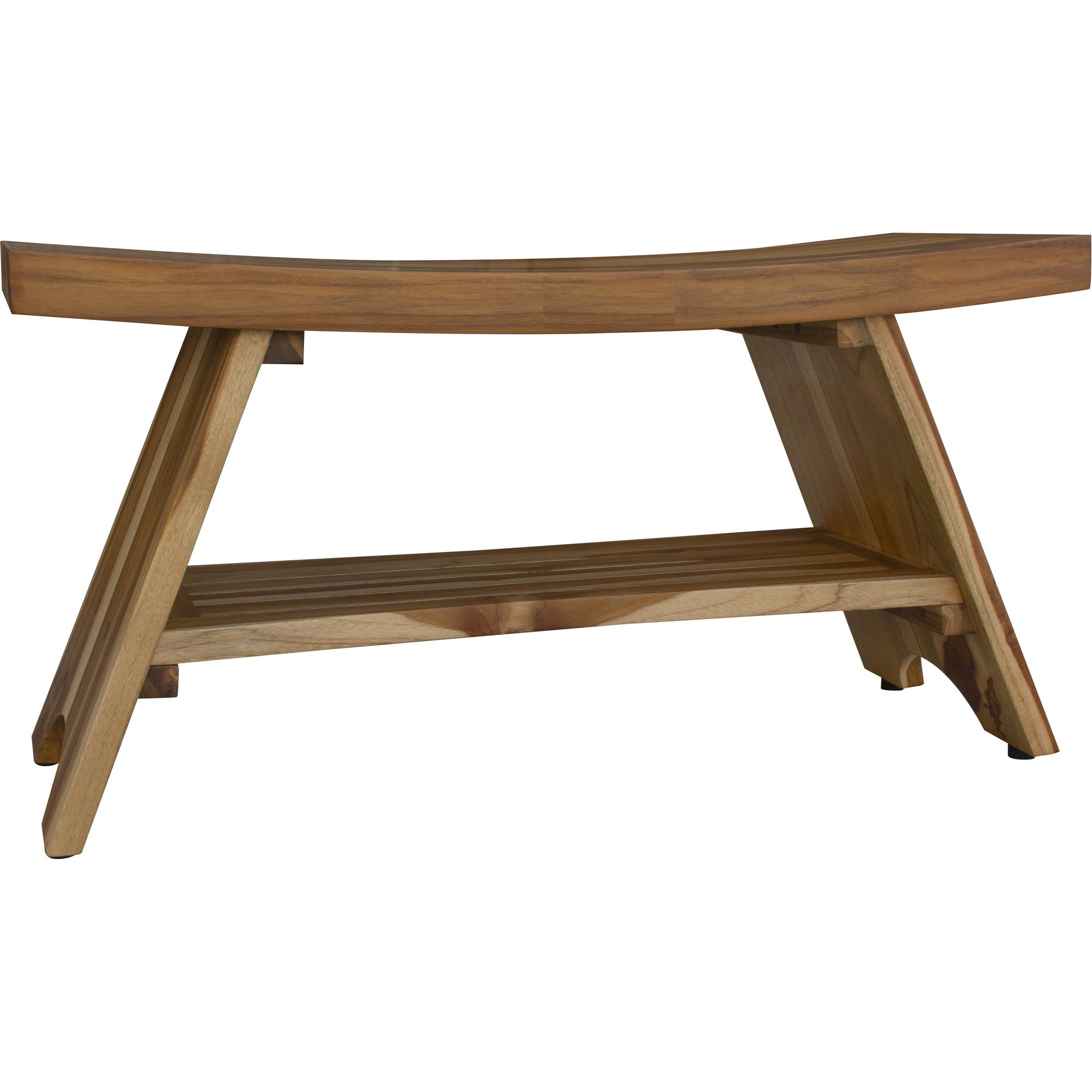 Compact Curvilinear Teak Shower / Outdoor Bench with Shelf in Natural Finish
