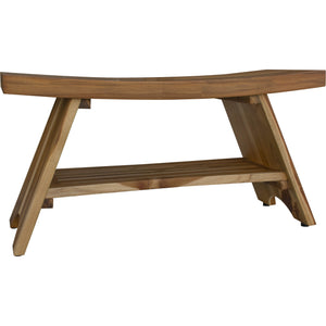 Compact Curvilinear Teak Shower / Outdoor Bench with Shelf in Natural Finish