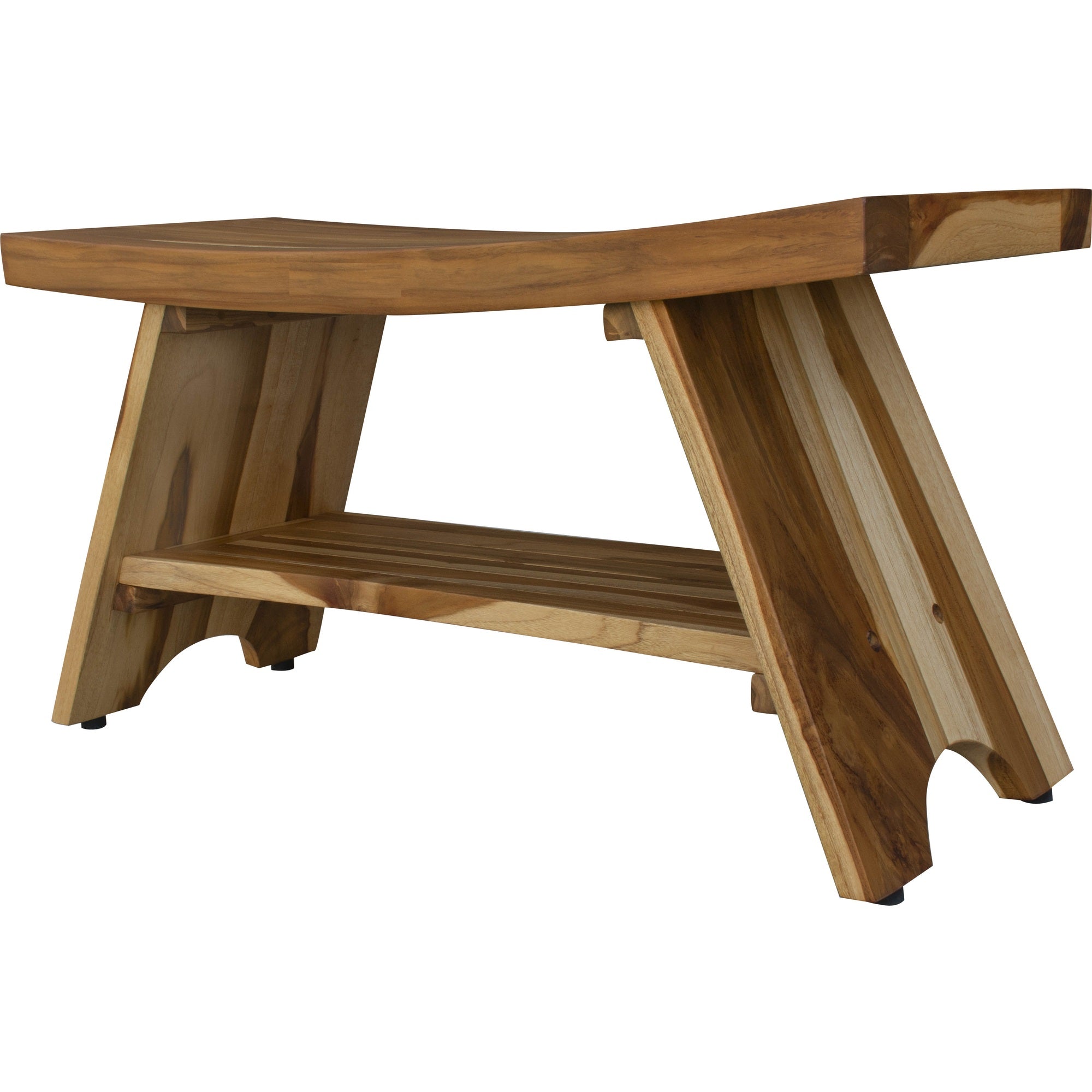 Compact Curvilinear Teak Shower / Outdoor Bench with Shelf in Natural Finish