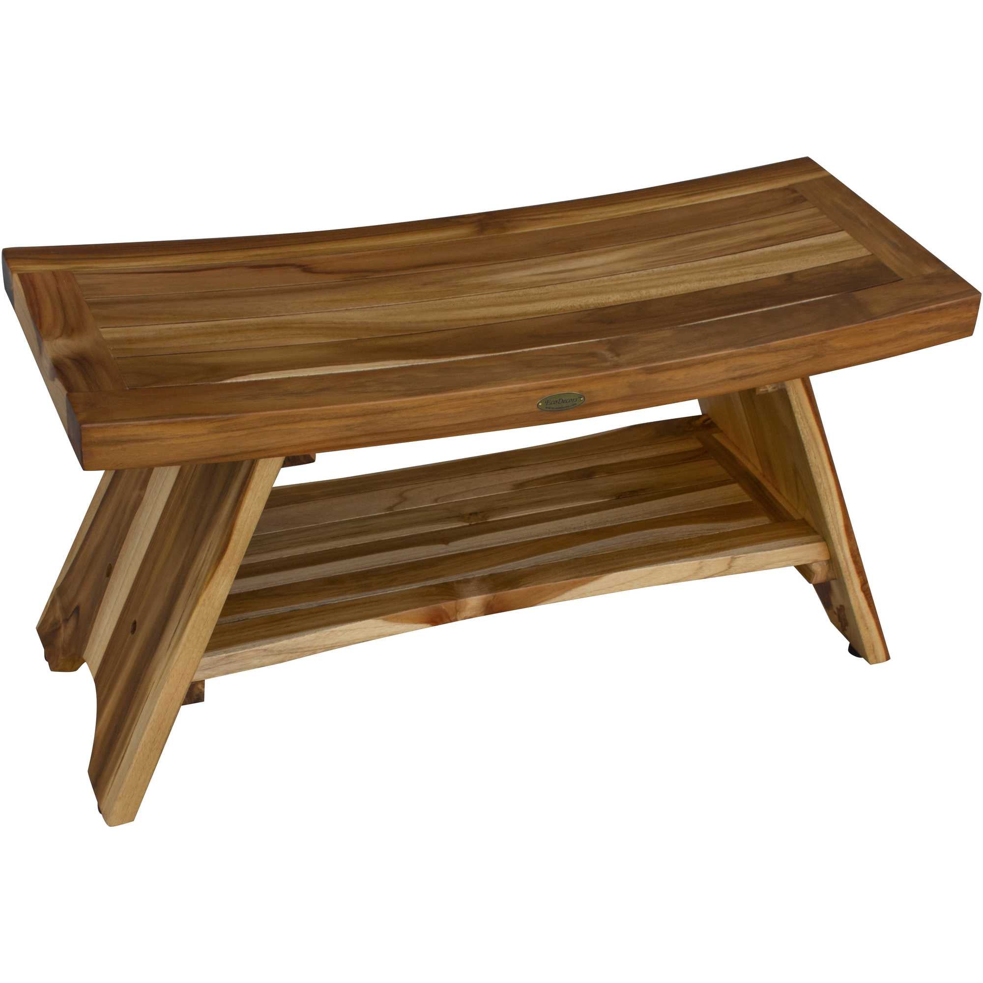 Compact Curvilinear Teak Shower / Outdoor Bench with Shelf in Natural Finish