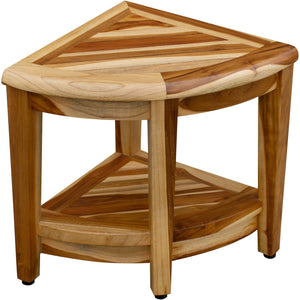 Compact Teak Wide Corner Shower / Outdoor Bench with Shelf in Natural Finish