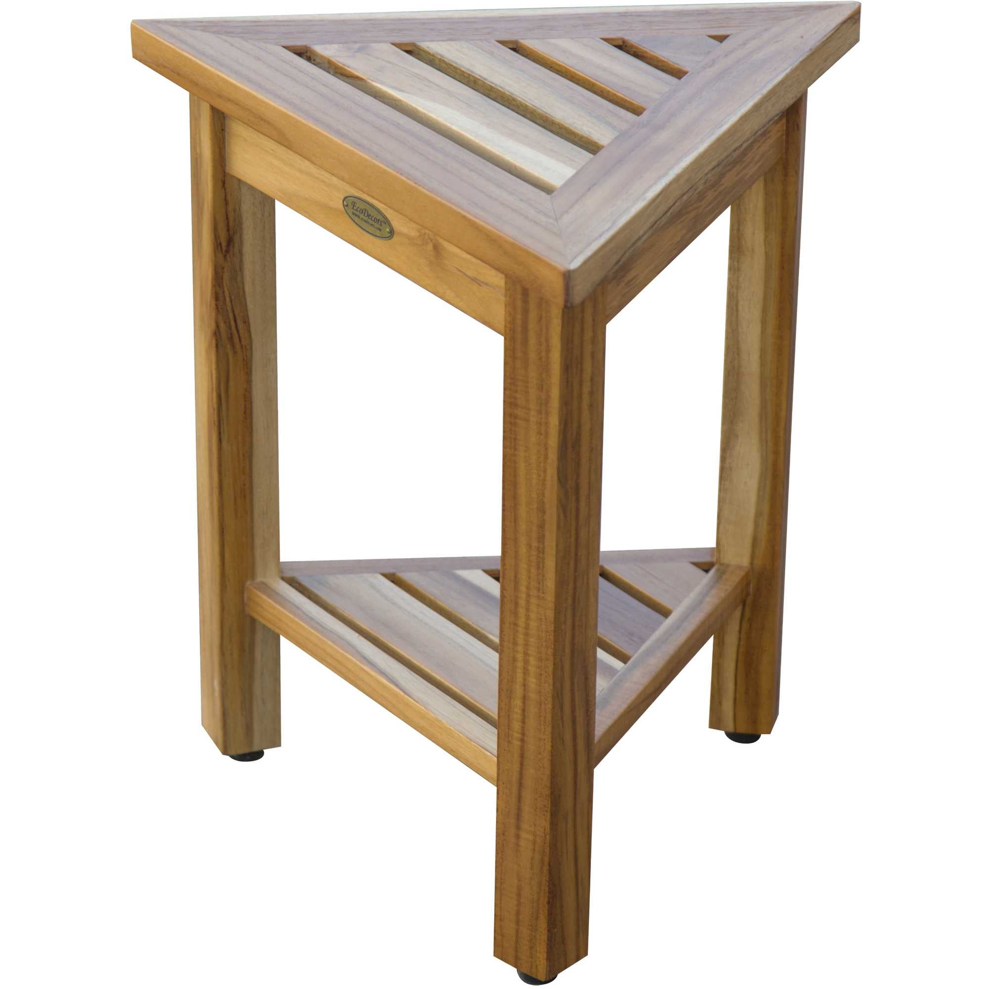 Compact Teak Corner Shower/ Outdoor Bench with Shelf in Natural Finish